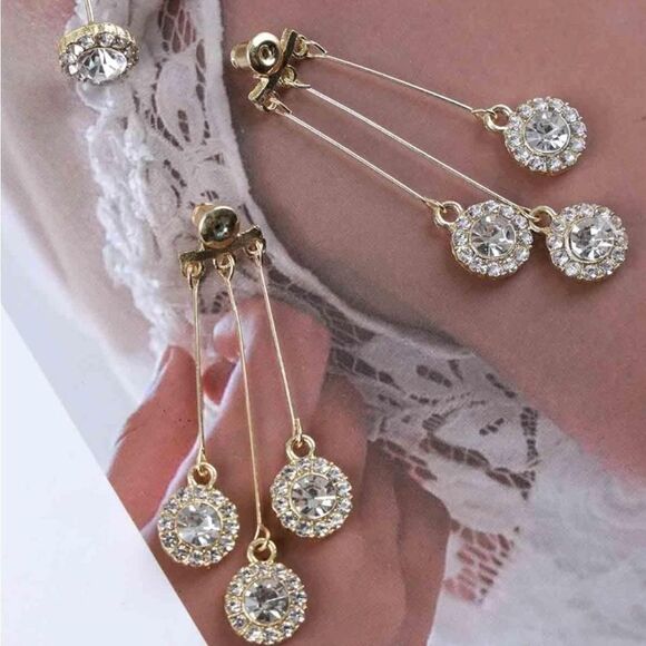 Clear White Baguette Diamond Cluster Dangle Earrings 14K Gold 925 Silver - Picture 3 of 10